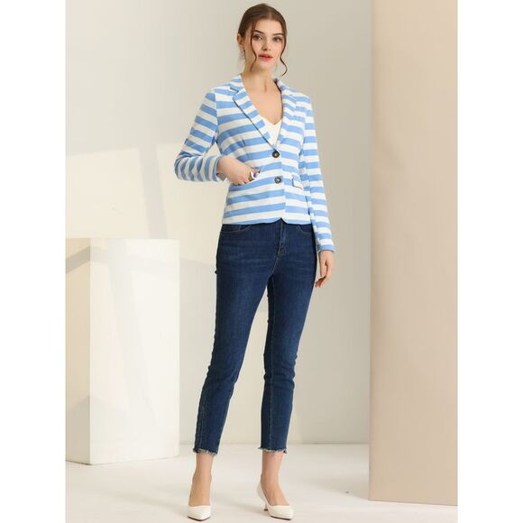 Notched Lapel Pocket Button Closure Striped Blazer Light Blue - Picture 2 of 5